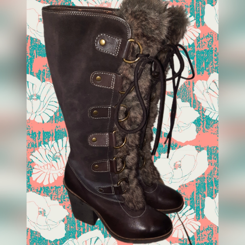 Lucky Brand Knee High Lace Up Leather / Fur Heel Boots 9.5